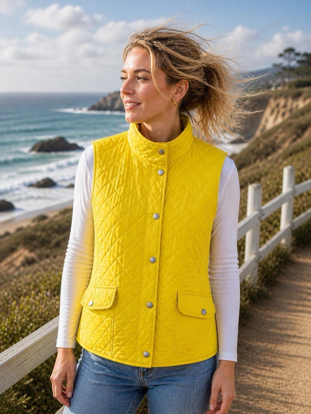 Talbots Vest Womens Large Quilted Yellow Button Front Pockets Classic Spring